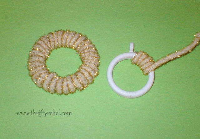 curtain ring snowman ornament, crafts, repurposing upcycling, seasonal holiday decor, I wrapped them with glittery white and gold pipe cleaners