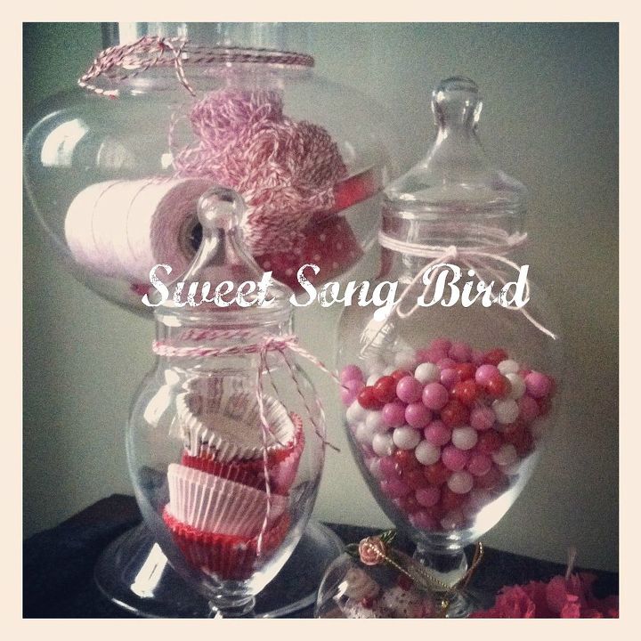 valentine s day vignette, crafts, seasonal holiday decor, valentines day ideas, wreaths, I filled some thrifted apothecary jars with candy cupcake liners and baker s twine to go along with my theme
