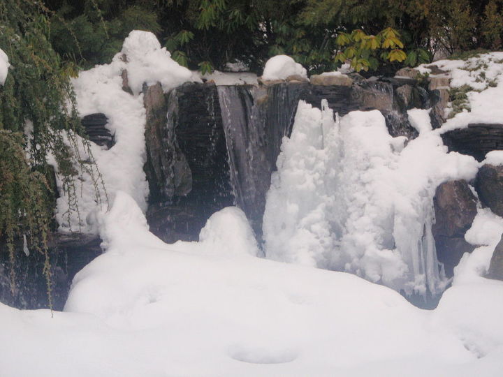 pondless waterfalls, ponds water features, A winter time picture of a large pondless waterfalls and stream After a major snowstorm Located at Branches catering West Long Branch NJ 07764 Maintained by NJ Pondguys 732 768 3032