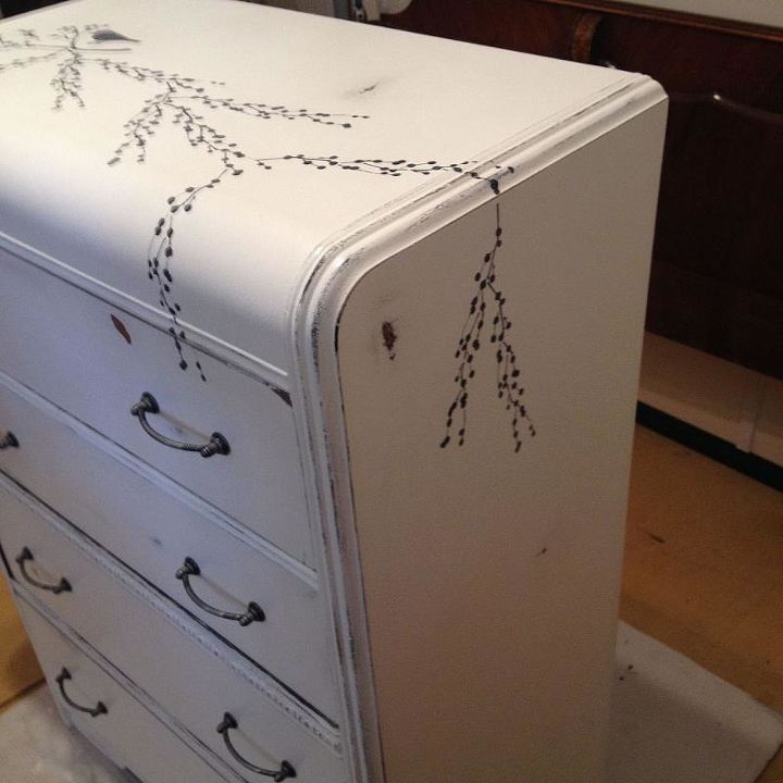 a trash treasure dresser gets a pretty new face, chalk paint, painted furniture, Here she is after a lot of sanding and paint I used homemade chalk paint for this piece 2 cups paint 2tbs water 4 tbs Plaster of Paris Dissolve Plaster of Paris in water then mix into paint