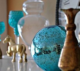 adding a pop of colour to the mantel, home decor, A peek a boo gazing ball with my golden horse tutorial for him on HT too