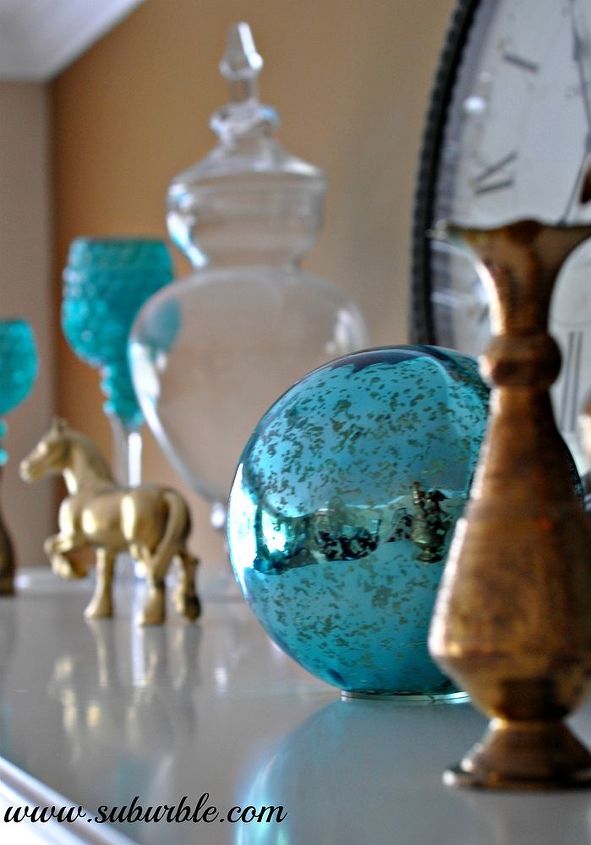 adding a pop of colour to the mantel, home decor, A peek a boo gazing ball with my golden horse tutorial for him on HT too