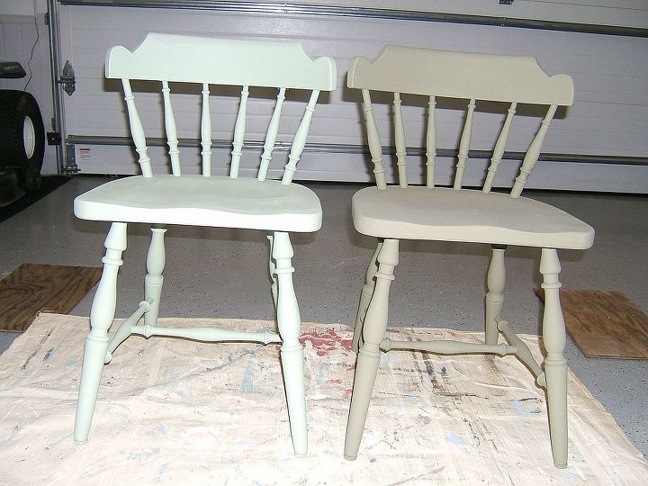 color washing chairs with chalk paint, chalk paint, painted furniture, I chose Alaskan Tundra for the chair on the left and Chateau Gray for the chair on the right These are chalk type paint colors from CeCe Caldwell and Annie Sloan