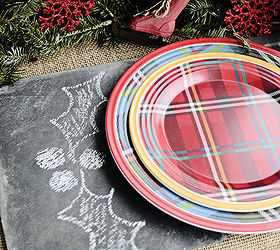 front porch hot cocoa party part 2, christmas decorations, crafts, seasonal holiday decor, slate charger with chalk art and red plaid plates