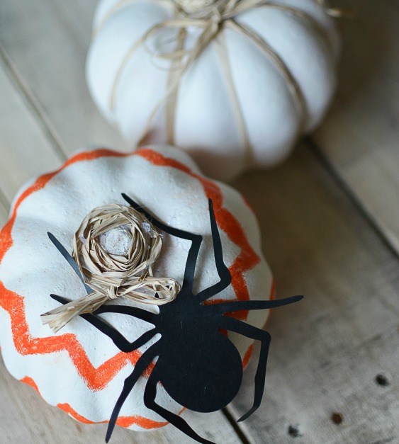 diy dollar store pumpkins, crafts, seasonal holiday decor, Spider stencil added to chevron pumpkin