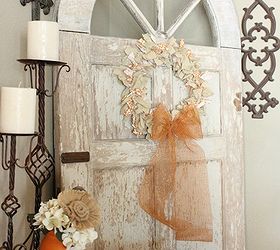 coat hanger fall rag wreath, crafts, seasonal holiday decor, wreaths, Hang your wreath on a lovely old chippy door