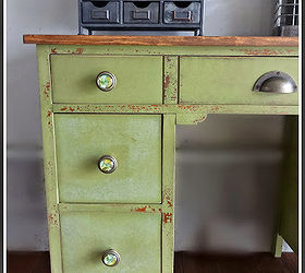 refinished small antique desk, painted furniture, I wanted it to have loads of character and look like it had been around the block in a good way lol a few times I chose to use milk paint because of the depth and variation in color The color is perfect with the hardware