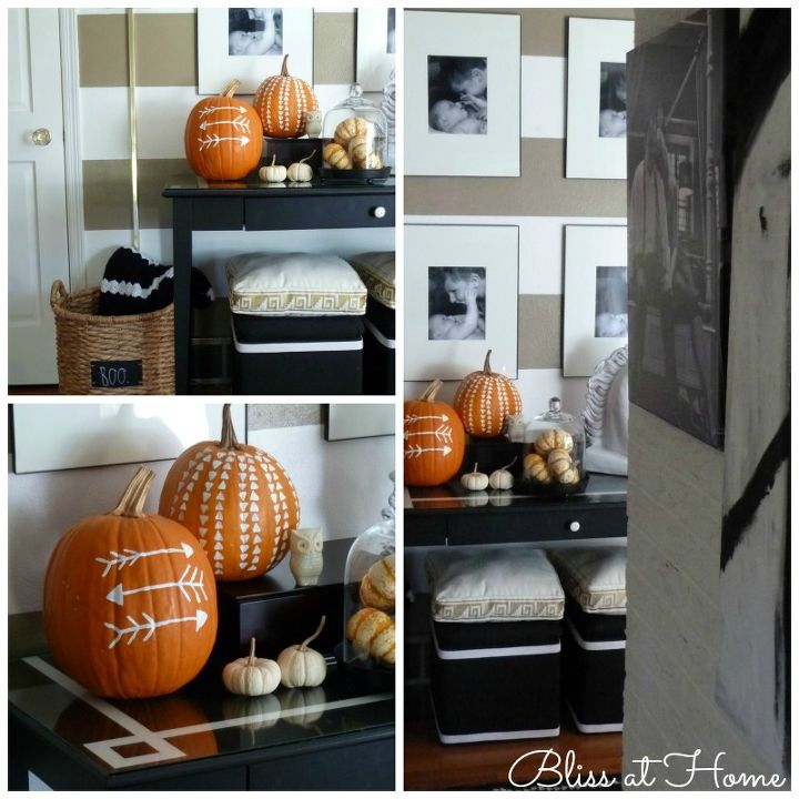 tribal painted pumpkins pumpkinideas falldecor, seasonal holiday decor, Create a fun vignette on an entry way table to welcome your friends