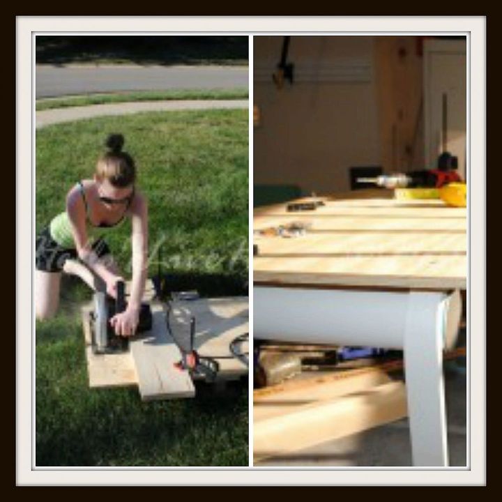 3 dlares de venta de garaje marco de la mesa se convierte en un banco, Cortando la madera necesaria para el banco espuma