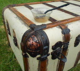 steamer trunk with hotel labels, painted furniture, I cleaned the hardware with a mixture of vinegar and salt It was copper underneath Score