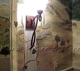 tuscan mural in powder room, bathroom ideas, home decor, painting, We incorporated white posts to hold the sconces The posts went into a painted trellis on the ceiling