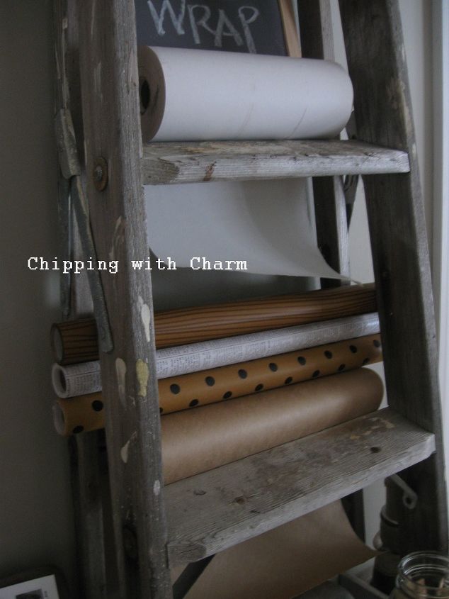 old ladder wrap paper station getting organized with junk, organizing, repurposing upcycling, Those paper rolls fit perfectly meant to be