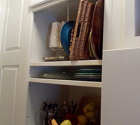 china closet from repurposed cabinets, kitchen cabinets, painted furniture, Shelf cabinet with wood panel in corner