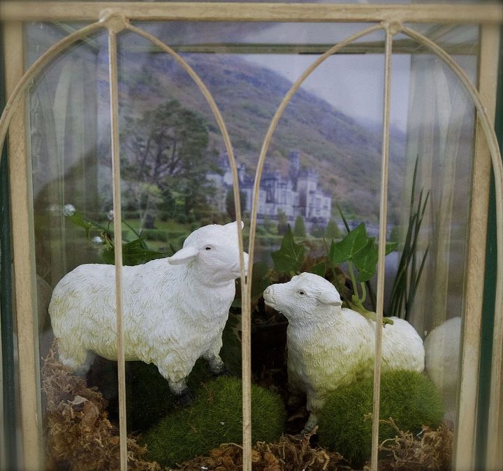 a taste of ireland st patrick s day terrarium, crafts, seasonal holiday decor, terrarium, two wooly plastic friends pose on faux moss covered rocks
