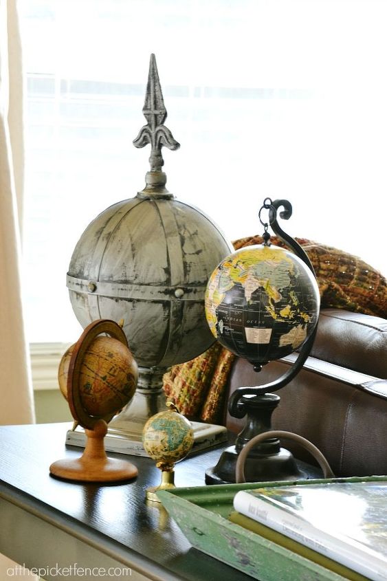 fall home tour, home decor, seasonal holiday decor, wreaths, A collection of globes adds warmth and can be kept out year round