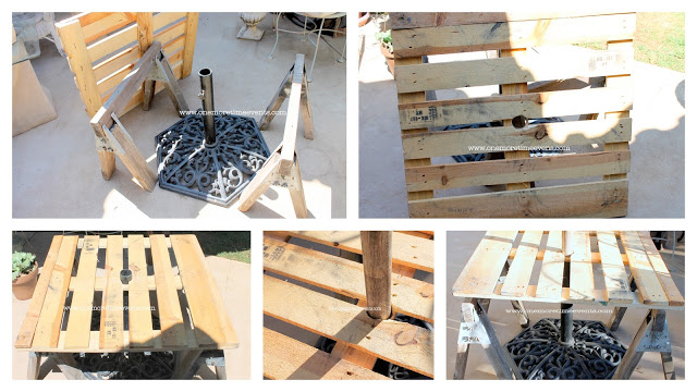 outdoor umbrella table made from a pallet and saw horses, diy, how to, outdoor furniture, outdoor living, painted furniture, pallet, repurposing upcycling, Table was made with a pallet and sawhorse to see more on how this was done you can go here for a full tutorialhttp www onemoretimeevents com 2013 08 outdoor umbrella table made with pallet html