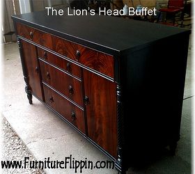 the lion s head buffet makeover, painted furniture, woodworking projects, The black really compliments the flame mahogany front