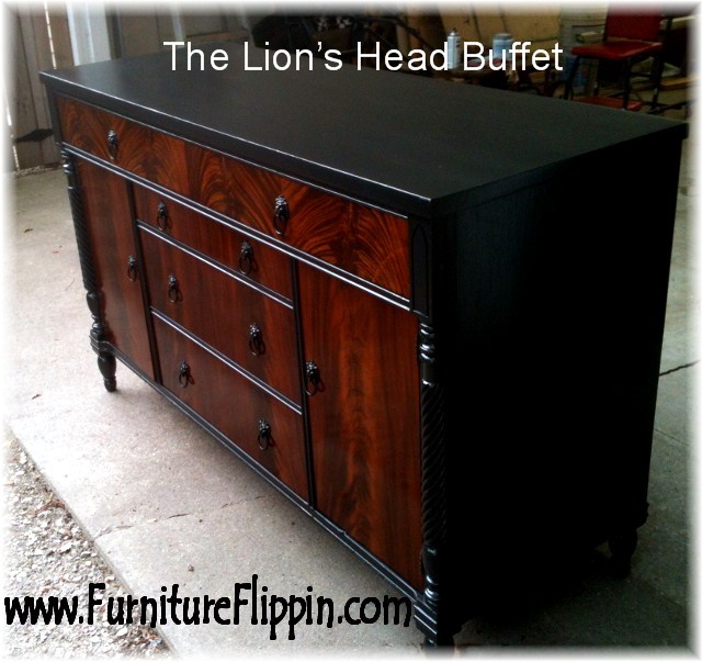the lion s head buffet makeover, painted furniture, woodworking projects, The black really compliments the flame mahogany front