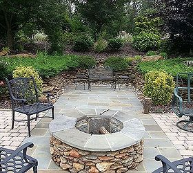 stone wall patio and firepit, concrete masonry, outdoor living