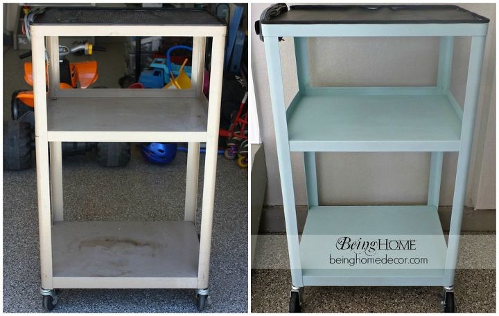 metal rolling cart makeover, painted furniture, Before and after of metal rolling cart