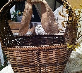 i m a little bit country, home decor, repurposing upcycling, This basket was filled with old worn plastic flowers I kept the few wild flowers you see and trashed the others added a burlap ribbon and it is new life A few favorite magazines may be added but what a perfect basket