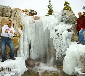 explore an icy waterfall and grotto in st charles illinois, ponds water features, Aquascape owner Greg Wittstock at left with Ed Beaulieu in front of the waterfalls