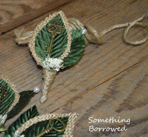 a vintage diy wedding, chalkboard paint, crafts, mason jars, repurposing upcycling, I made the boutonnieres with vintage keys burlap and silk leaves