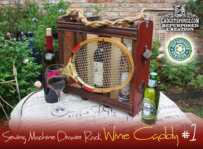 wine caddy made by repurposing sewing machine drawer racks, repurposing upcycling, I created this repurposed wine caddy with vintage tennis racquets beer or soda bottle openers and a lot of custom woodwork by GadgetSponge com