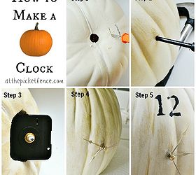 diy pumpkin clock, crafts, seasonal holiday decor, 1 Cut opening in bottom of foam pumpkin large enough for hand 2 Drill small hole in center of pumpkin for clock part 3 Insert mechanism inside pumpkin and push through hole 4 Add hands per instruction on package 5 Stencil number