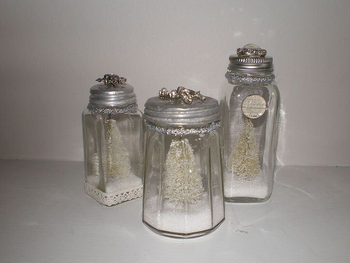 using vintage items in winter decor, christmas decorations, repurposing upcycling, seasonal holiday d cor, I put bleached bottle brush trees in vintage salt shakers and added some snow sparkles and vintage jewelry