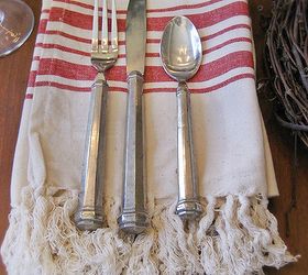 a farmhouse christmas in the dining room, christmas decorations, seasonal holiday decor, wreaths, Fringed grain sack tea towels serve as napkins