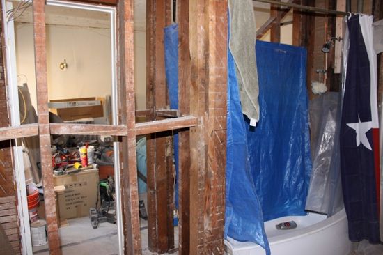 bathroom remodel, bathroom ideas, home improvement, We hung tarps around the shower while the walls were down