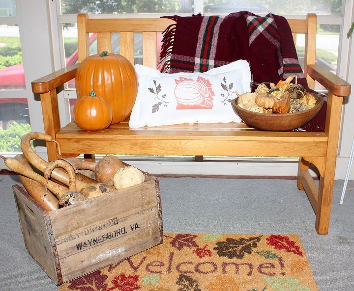 simple flour sack pillow for fall, crafts, seasonal holiday decor, Dried gourds and faux pumpkins along with a fall pillow great a vignette on my porch for fall