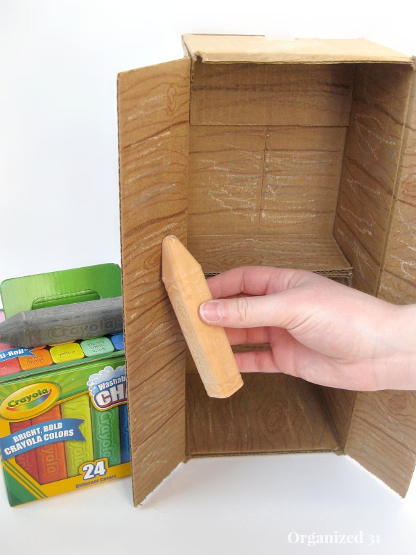 pretend magic potions from repurposed items, crafts, repurposing upcycling, Use crayons and sidewalk chalk to add wood grain to the cabinet you made from a box Tips on how to make the box at Organized 31