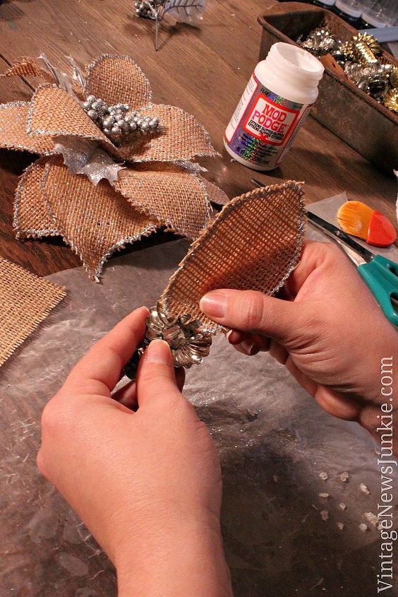 how to make a burlap flower christmas ornament video tutorial, crafts, decoupage, seasonal holiday decor, Attach leaves to your base I used some vintage Christmas ornaments I picked up at a yard sale