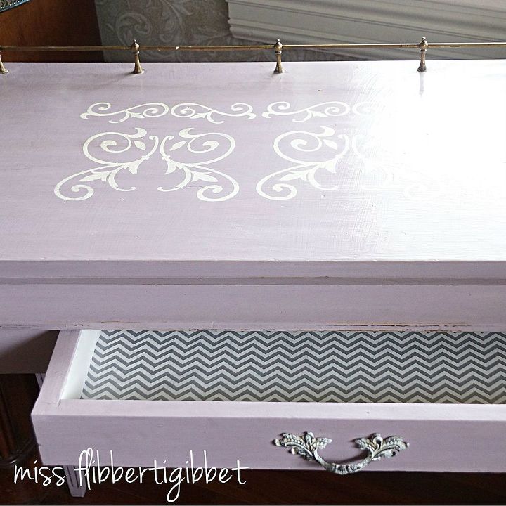 a girly girl desk makeover, painted furniture, Pretty gray and white paper in the drawer