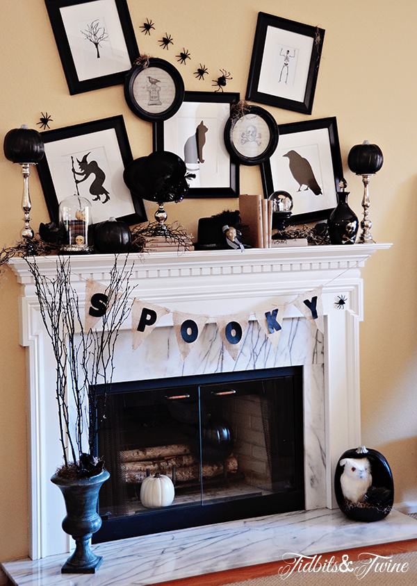 a black white halloween mantel, halloween decorations, seasonal holiday d cor, I reused the burlap banner I made for my son s birthday replacing the letters so that it says Spooky