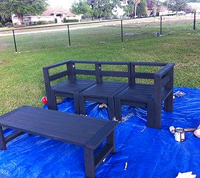 diy outdoor living space, home decor, outdoor furniture, outdoor living, After 1 coat of stain I actually used Lowes Solid Deck Stain in Ebony