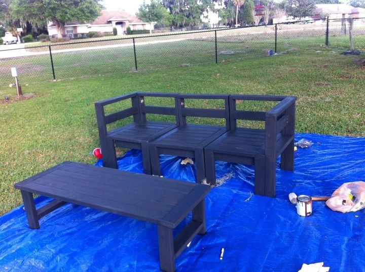 diy outdoor living space, home decor, outdoor furniture, outdoor living, After 1 coat of stain I actually used Lowes Solid Deck Stain in Ebony