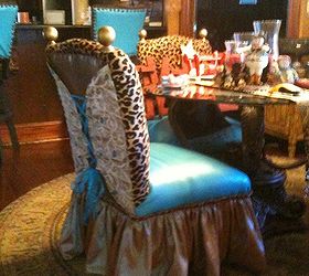 western with a twist breakfast nook bench, home decor, living room ideas, painted furniture, reupholster, I found shorter back chairs and added antique gold finials and I reupholstered with a sassy skirt and corset back that I tied with turquoise ribbon I laced thru eyelet grommets that I added for some more sassy style