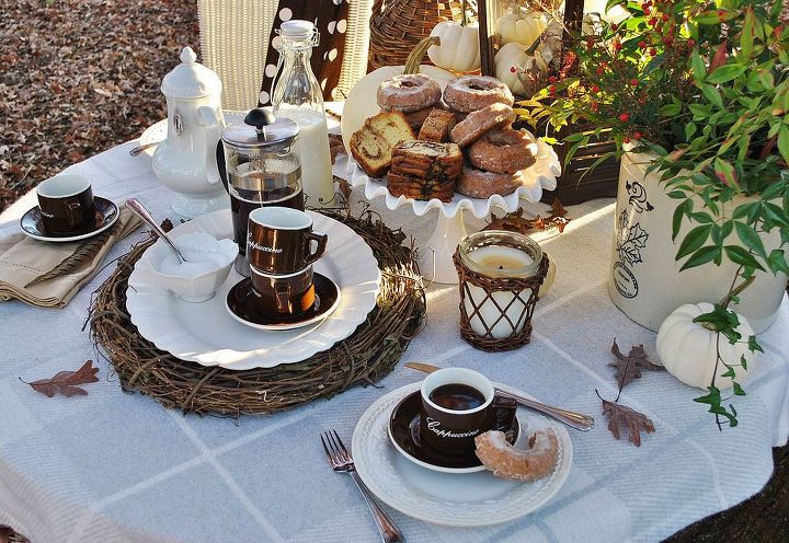 an autumn outdoor breakfast and how to create a vignette, outdoor living, seasonal holiday decor