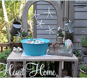 diy potting bench serving table, diy, flowers, gardening, outdoor furniture, outdoor living, painted furniture, When we entertain in the spring summer and fall we put the drinks on the back deck The potting bench is easily made into a nice place to serve drinks