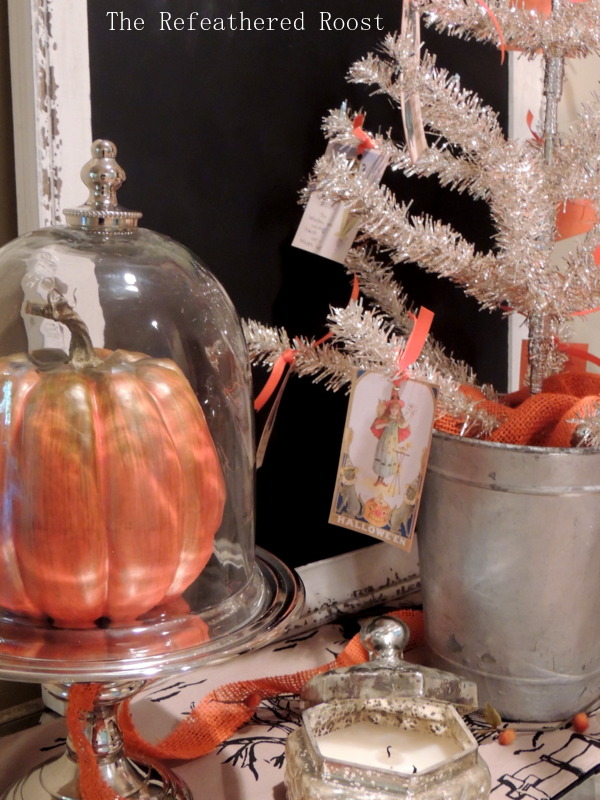 vintage halloween tree, halloween decorations, seasonal holiday d cor, A pumpkin is placed in a silver based cloche and the tree is added to an old slop bucket really