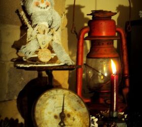 cozy winter mantel, seasonal holiday d cor, Springy Snowman Rusty Scale and an Old Lantern