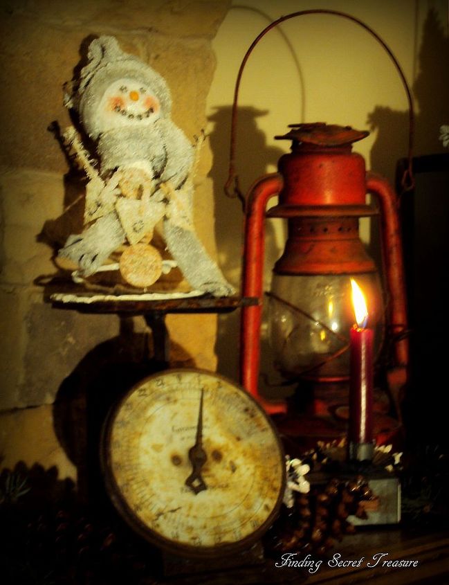 cozy winter mantel, seasonal holiday d cor, Springy Snowman Rusty Scale and an Old Lantern