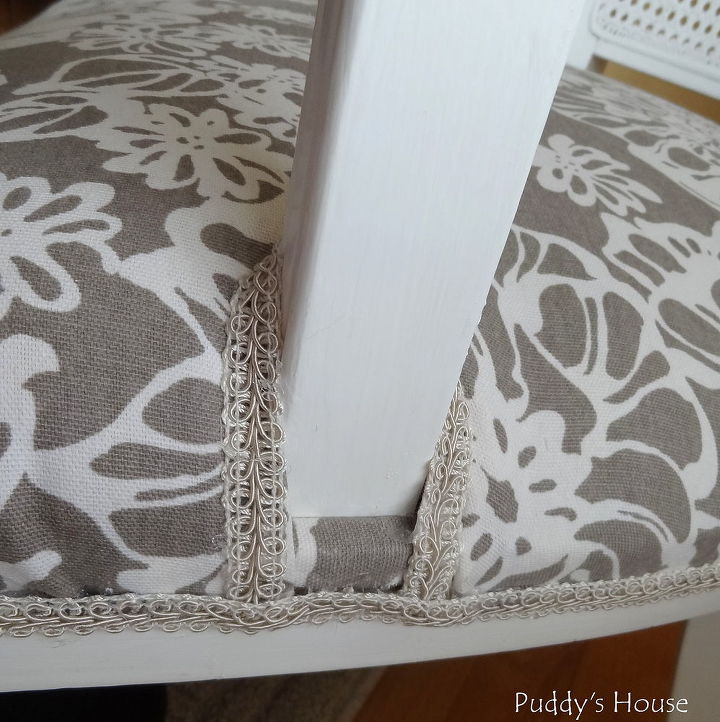 ugly to pretty chair makeover, painted furniture, Close up of the trim attached with hot glue