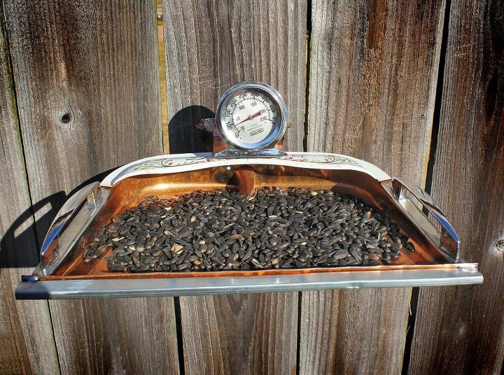 repurposed upcycled bird feeder dust pan, gardening, repurposing upcycling, Repurposed Copper Dust Pan Bird Feeder by GadgetSponge com