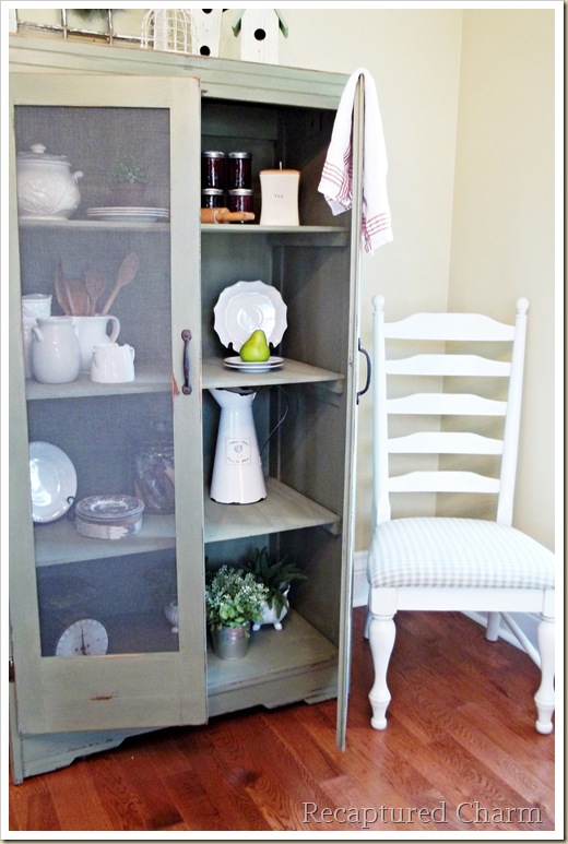 old armoire to kitchen pantry, home decor, painted furniture, rustic furniture, Armoire to handy kitchen storage Painted with Acadia Pear Milk Paint Light distressing gives this cabinet a well used appearance