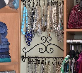 easy decorative ways to organize your jewelry, organizing, Decorative towel racks are the perfect way to organize your necklaces I added some S hooks to the bar to hold the necklaces