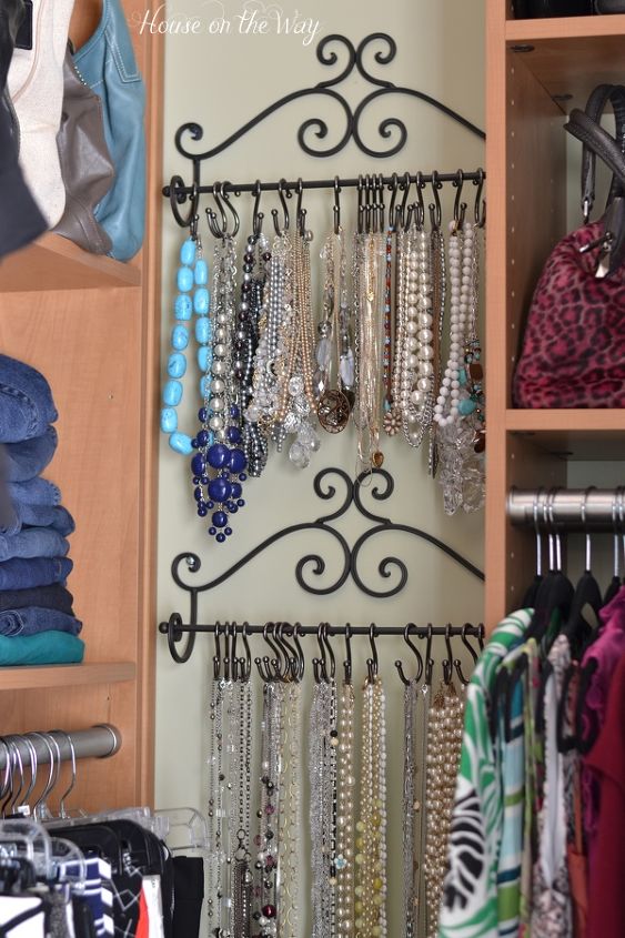 easy decorative ways to organize your jewelry, organizing, Decorative towel racks are the perfect way to organize your necklaces I added some S hooks to the bar to hold the necklaces